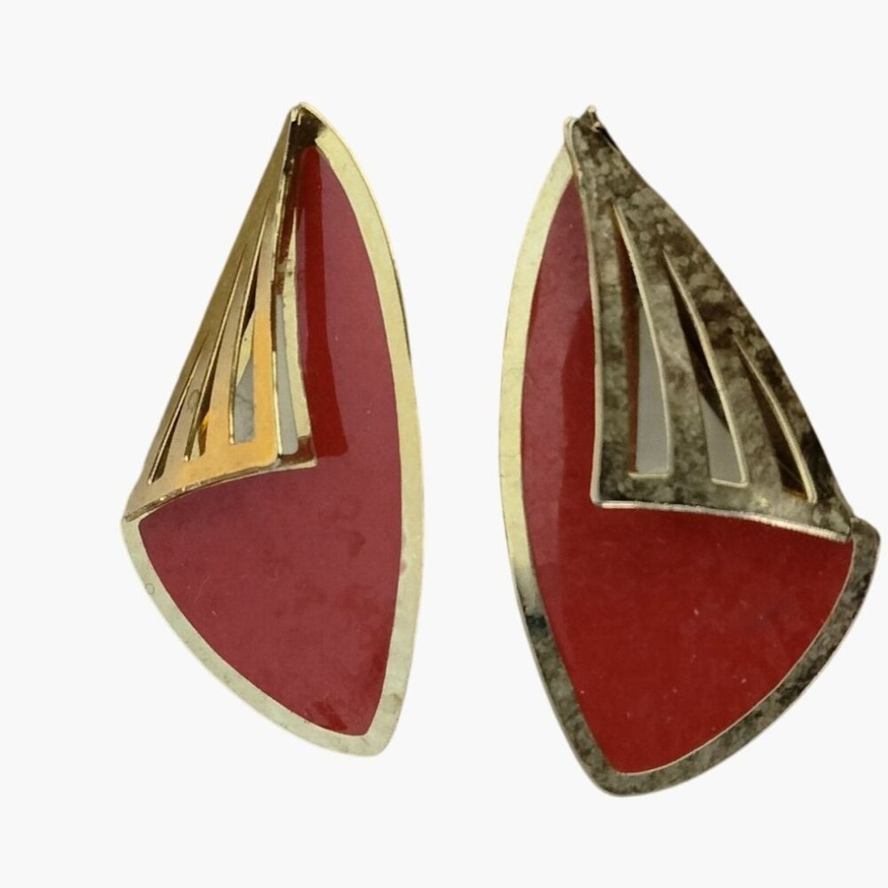 Red Gold Tone Earrings Abstract Geometric Art Deco Pierced Post